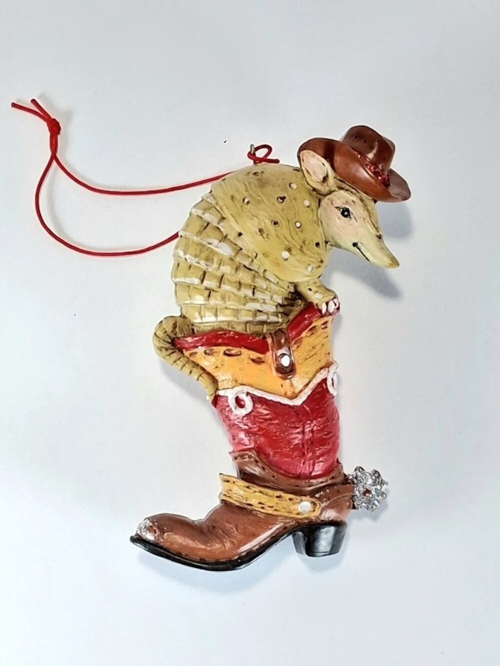 Armadillo Wearing a Hat inside a Cowboy Boot Christmas Holiday Ornament
